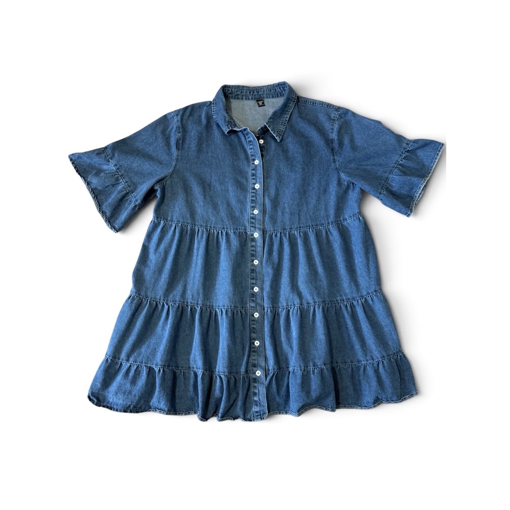 SHEIN Curve Blue Denim Tiered Babydoll Shirt Dress Short Ruffle Sleeve Size 2XL